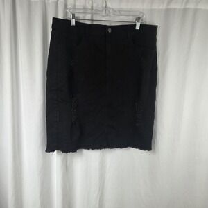 Diamante Skirt Womens 3XL Black Denim Distressed Raw Hem Knee Length Pencil